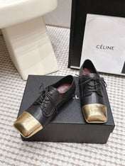 CHANEL 26S LACE-UP OXFORD SHOES IN BLACK CALFSKIN WITH GOLD TOE CAP