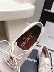 CHANEL 26S LACE-UP OXFORD HEELS IN LIGHT BEIGE CALFSKIN WITH GOLD TOE CAP
