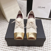CHANEL 26S LACE-UP OXFORD HEELS IN LIGHT BEIGE CALFSKIN WITH GOLD TOE CAP