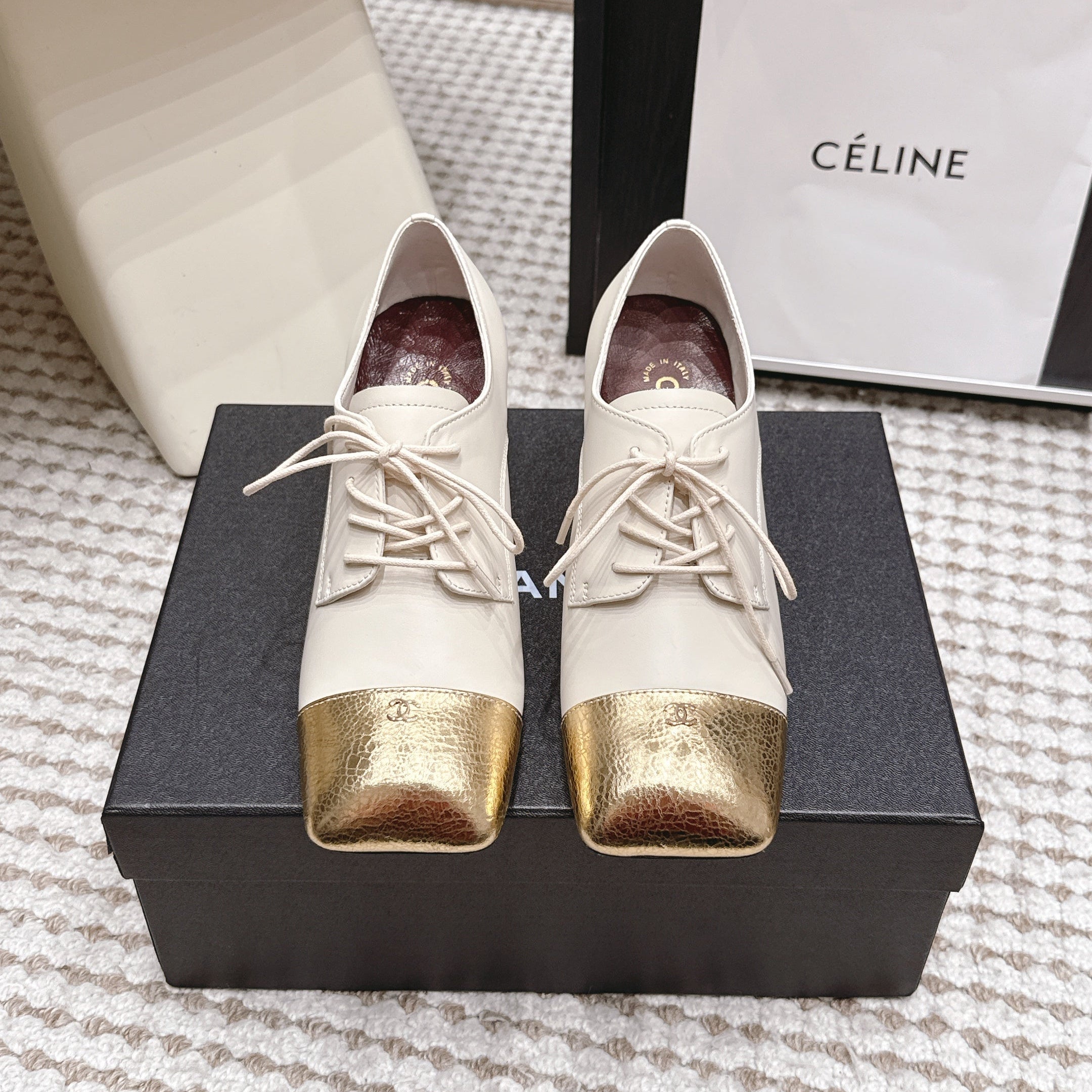 CHANEL 26S LACE-UP OXFORD HEELS IN LIGHT BEIGE CALFSKIN WITH GOLD TOE CAP