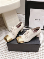 CHANEL 26S LACE-UP OXFORD HEELS IN LIGHT BEIGE CALFSKIN WITH GOLD TOE CAP