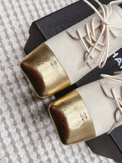 CHANEL 26S LACE-UP OXFORD HEELS IN LIGHT BEIGE CALFSKIN WITH GOLD TOE CAP