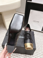 CHANEL 26S LACE-UP OXFORD HEELS IN BLACK CALFSKIN WITH GOLD TOE CAP