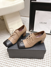 CHANEL 26S LACE-UP OXFORD HEELS IN LIGHT BROWN CALFSKIN WITH BLACK TOE CAP