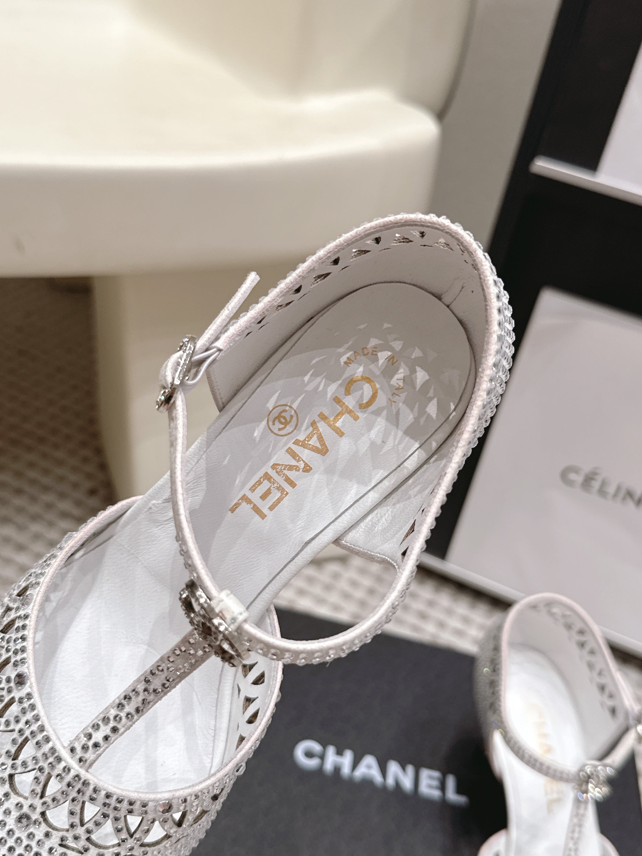 CHANEL 26S HIGH HEELS 50 MM IN WHITE RHINESTONE EMBELLISHED