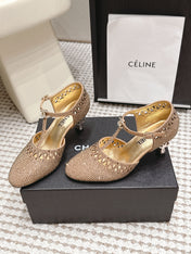 CHANEL 26S HIGH HEELS 50 MM IN BEIGE RHINESTONE EMBELLISHED