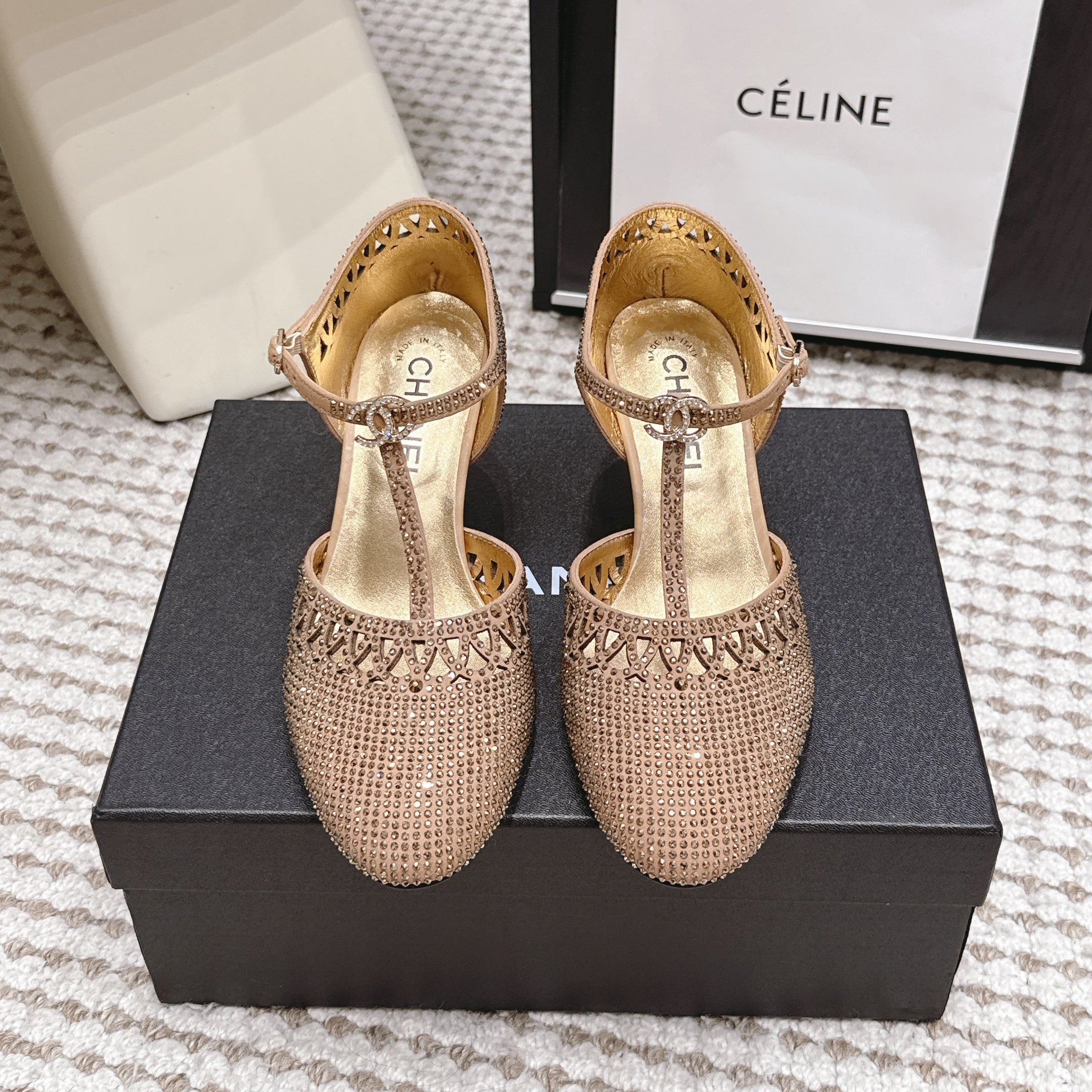 CHANEL 26S HIGH HEELS 50 MM IN BEIGE RHINESTONE EMBELLISHED