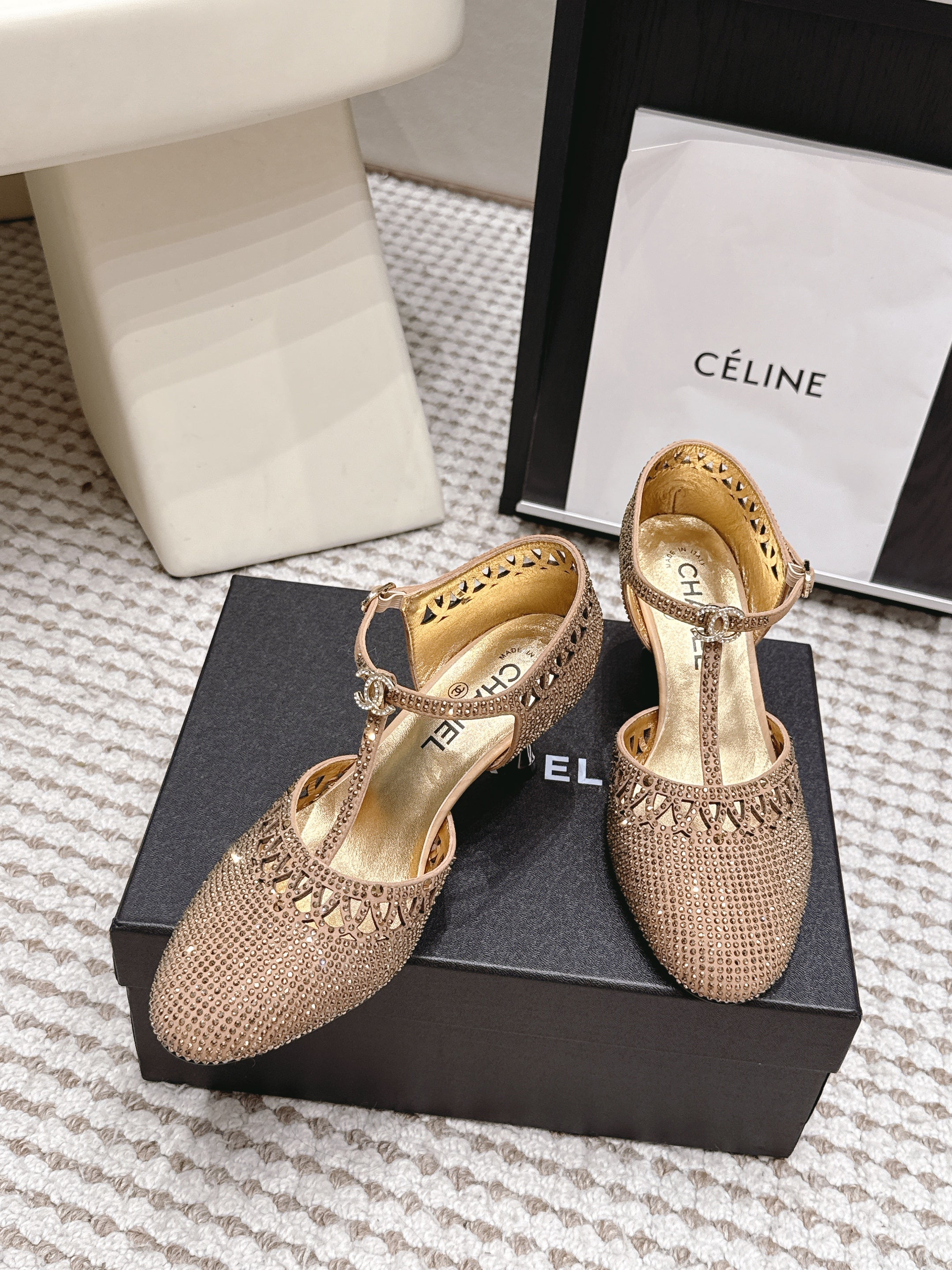 CHANEL 26S HIGH HEELS 50 MM IN BEIGE RHINESTONE EMBELLISHED