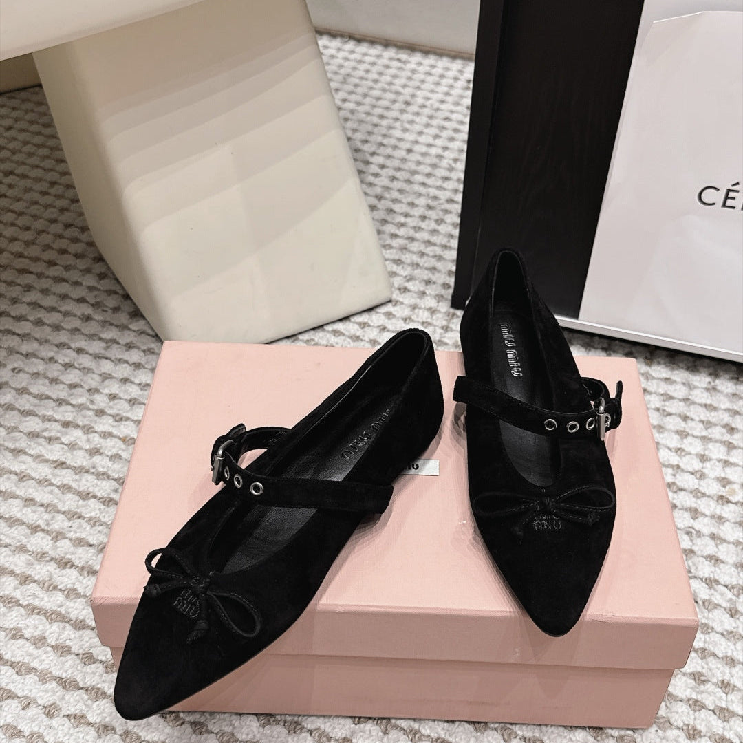 MIUMIU 26S MARY JANE BALLET IN BLACK SUEDE WITH BUCKLE STRAP