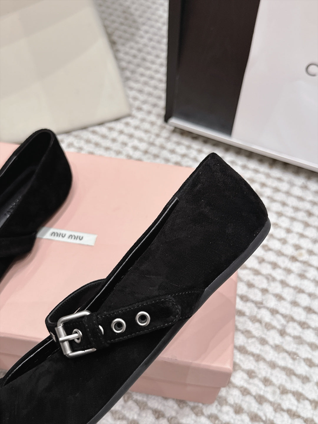 MIUMIU 26S MARY JANE BALLET IN BLACK SUEDE WITH BUCKLE STRAP