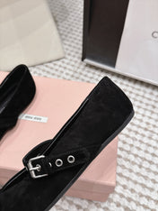 MIUMIU 26S MARY JANE BALLET IN BLACK SUEDE WITH BUCKLE STRAP