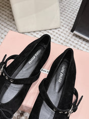 MIUMIU 26S MARY JANE BALLET IN BLACK SUEDE WITH BUCKLE STRAP