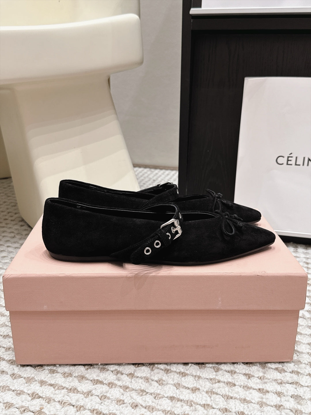MIUMIU 26S MARY JANE BALLET IN BLACK SUEDE WITH BUCKLE STRAP