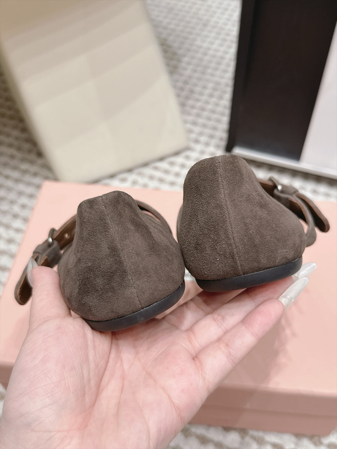 MIUMIU 26S MARY JANE BALLET IN TAUPE BROWN SUEDE WITH BUCKLE STRAP