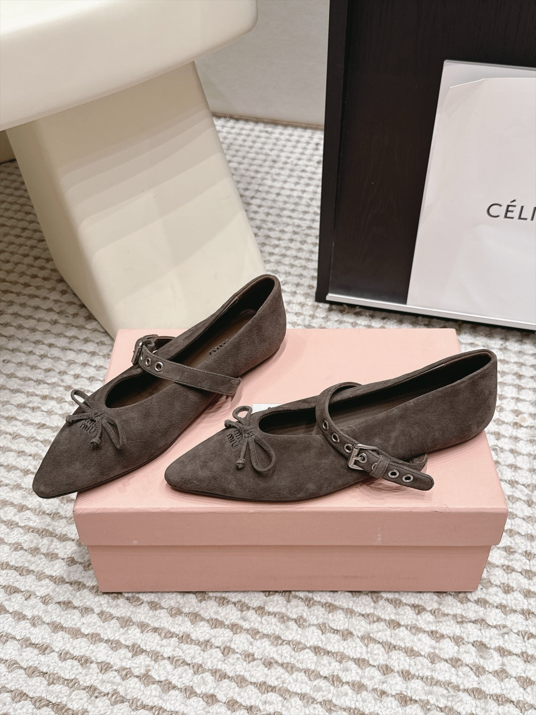 MIUMIU 26S MARY JANE BALLET IN TAUPE BROWN SUEDE WITH BUCKLE STRAP