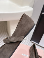 MIUMIU 26S MARY JANE BALLET IN TAUPE BROWN SUEDE WITH BUCKLE STRAP