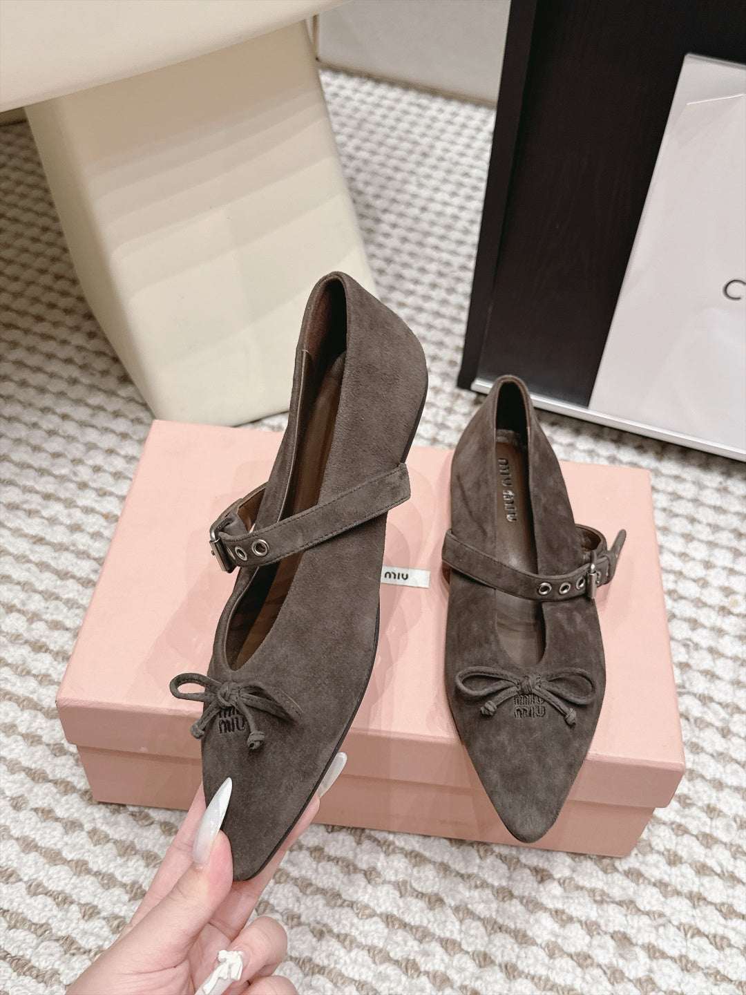 MIUMIU 26S MARY JANE BALLET IN TAUPE BROWN SUEDE WITH BUCKLE STRAP