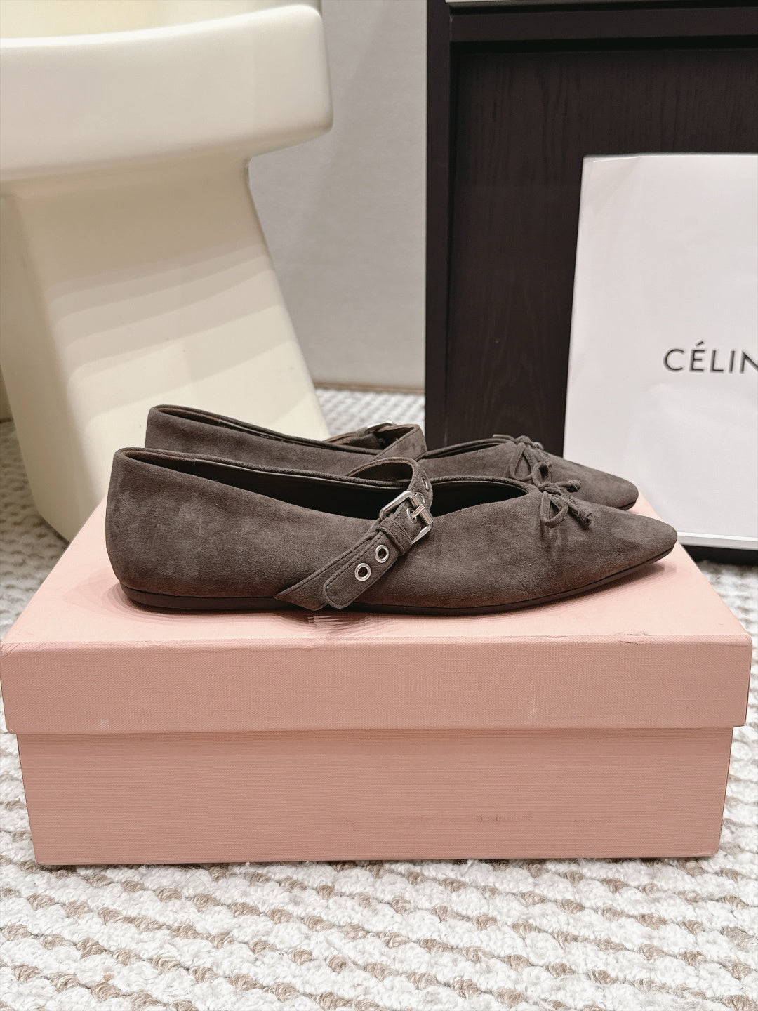 MIUMIU 26S MARY JANE BALLET IN TAUPE BROWN SUEDE WITH BUCKLE STRAP