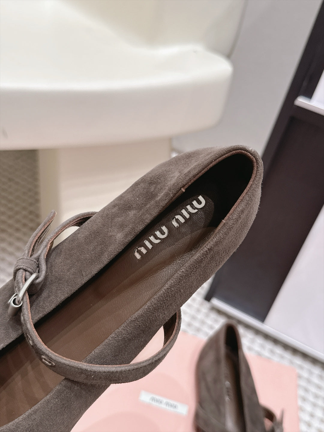 MIUMIU 26S MARY JANE BALLET IN TAUPE BROWN SUEDE WITH BUCKLE STRAP