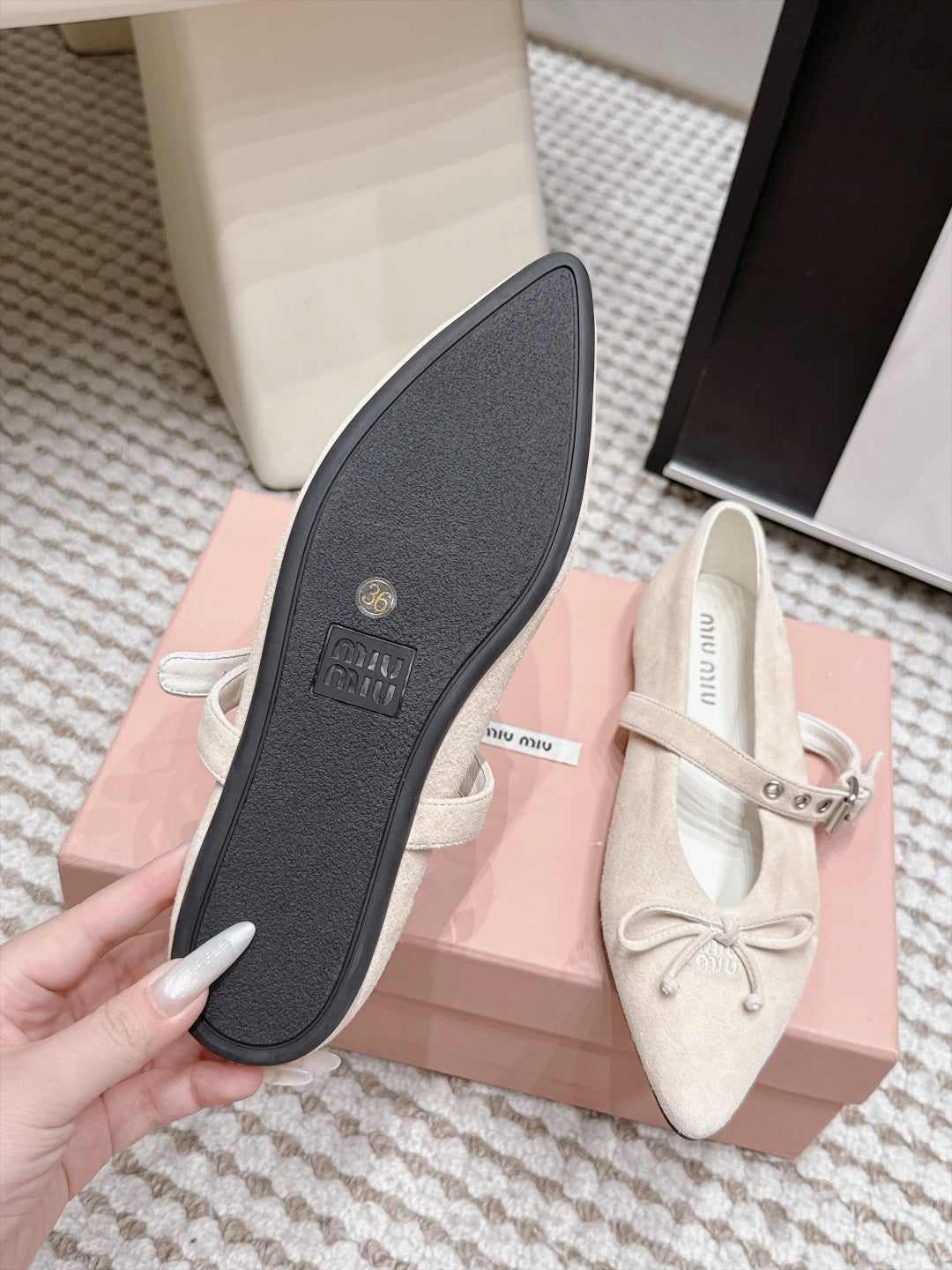 MIUMIU 26S MARY JANE BALLET IN LIGHT BEIGE SUEDE WITH BUCKLE STRAP