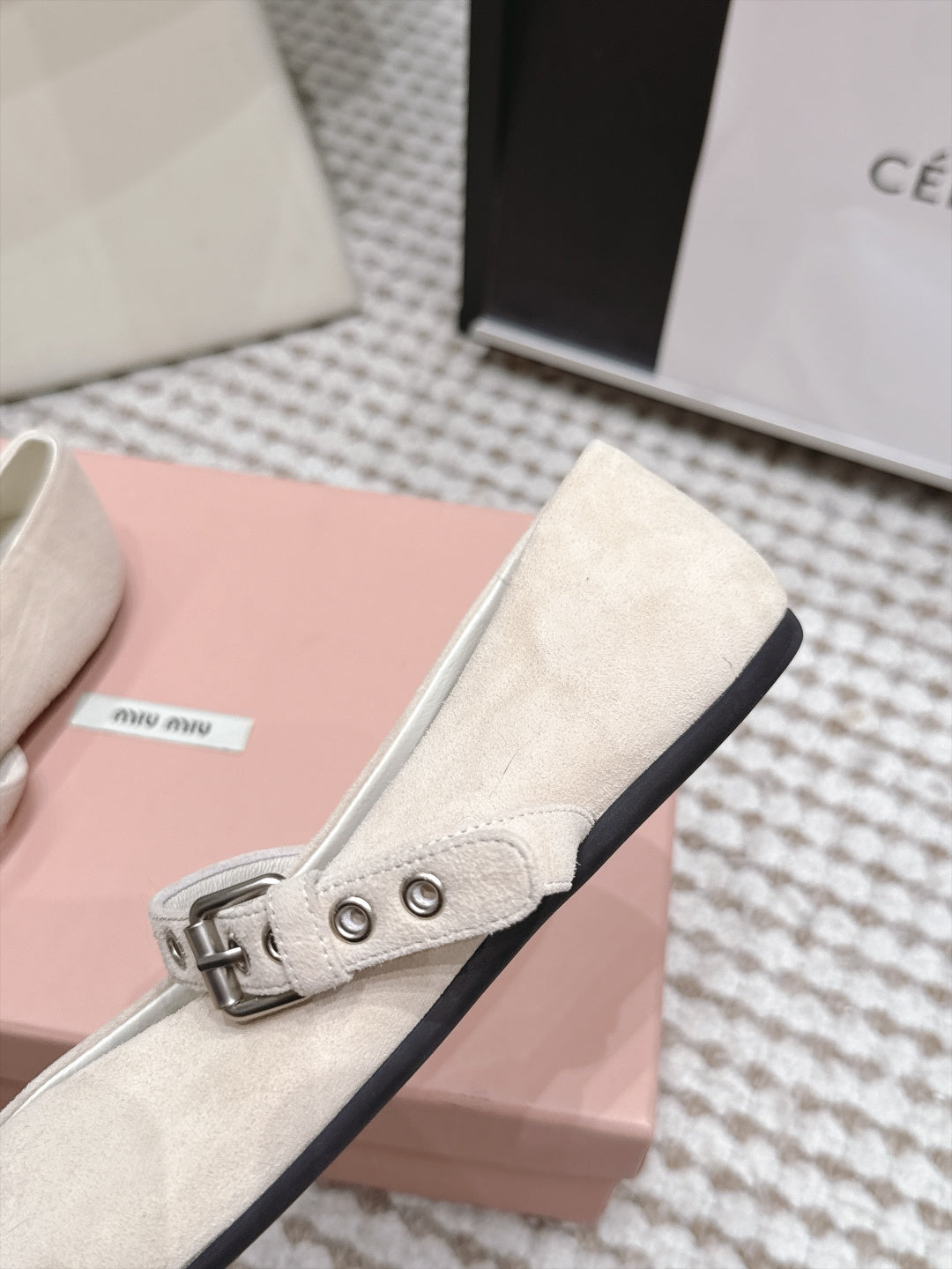 MIUMIU 26S MARY JANE BALLET IN LIGHT BEIGE SUEDE WITH BUCKLE STRAP