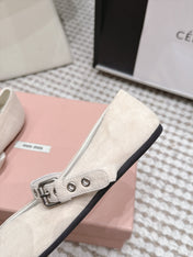 MIUMIU 26S MARY JANE BALLET IN LIGHT BEIGE SUEDE WITH BUCKLE STRAP