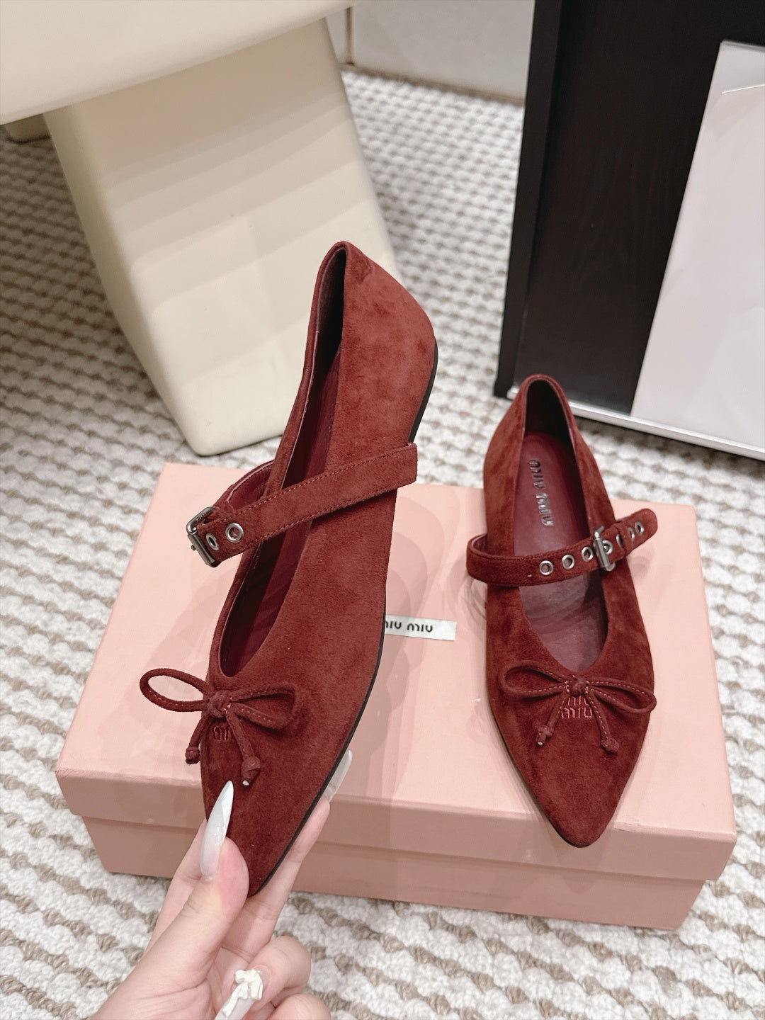 MIUMIU 26S MARY JANE BALLET IN DARK RED SUEDE WITH BUCKLE STRAP