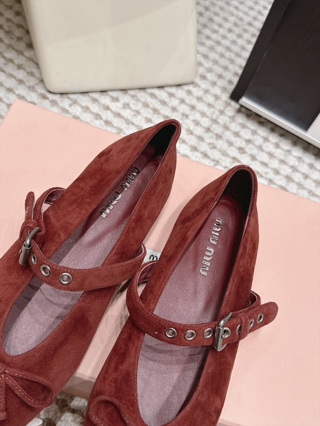 MIUMIU 26S MARY JANE BALLET IN DARK RED SUEDE WITH BUCKLE STRAP