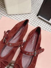 MIUMIU 26S MARY JANE BALLET IN DARK RED SUEDE WITH BUCKLE STRAP