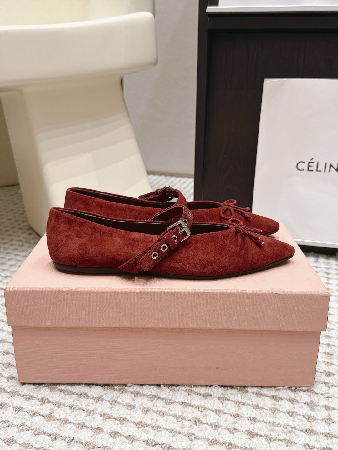 MIUMIU 26S MARY JANE BALLET IN DARK RED SUEDE WITH BUCKLE STRAP