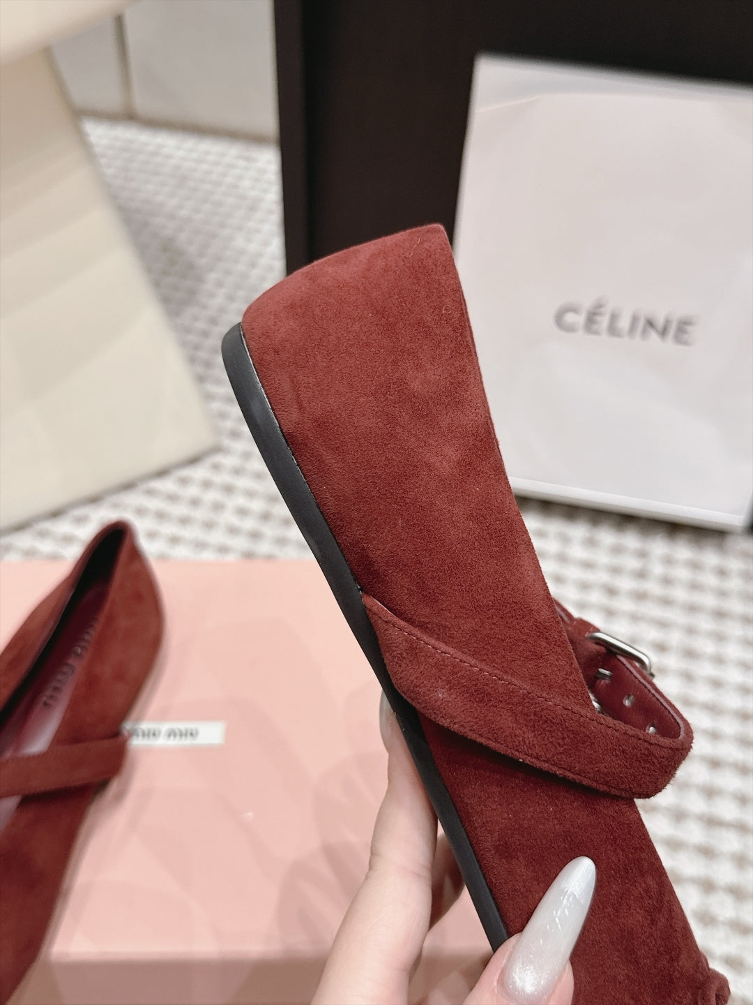 MIUMIU 26S MARY JANE BALLET IN DARK RED SUEDE WITH BUCKLE STRAP