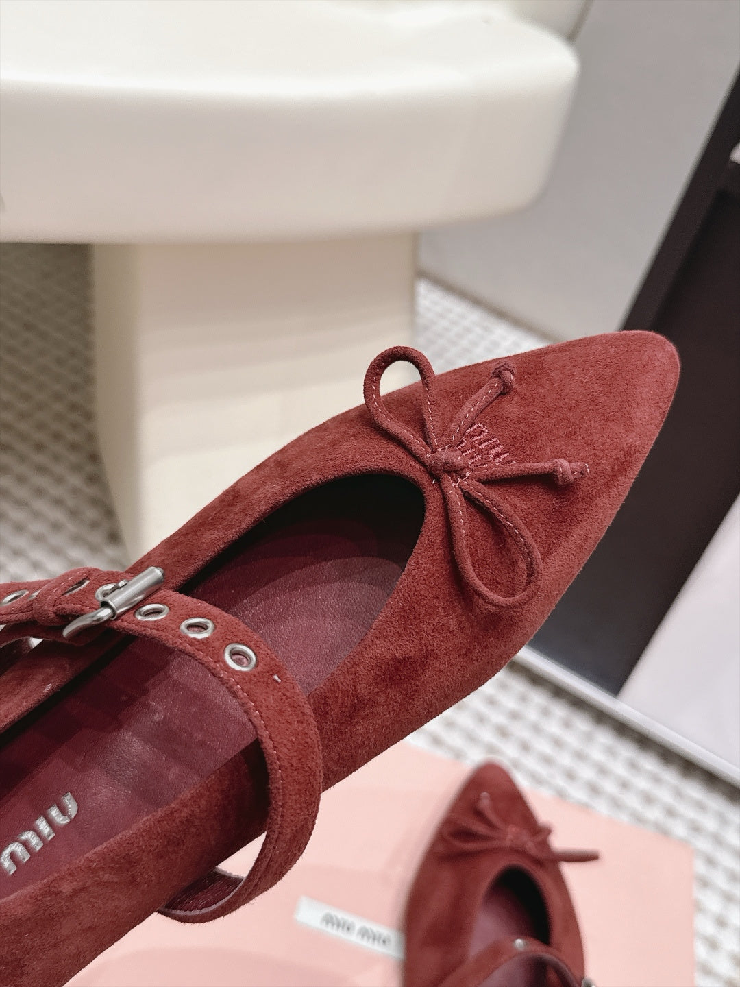 MIUMIU 26S MARY JANE BALLET IN DARK RED SUEDE WITH BUCKLE STRAP