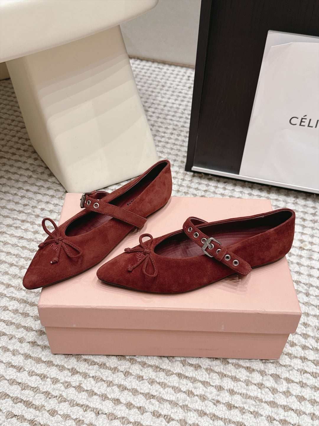 MIUMIU 26S MARY JANE BALLET IN DARK RED SUEDE WITH BUCKLE STRAP