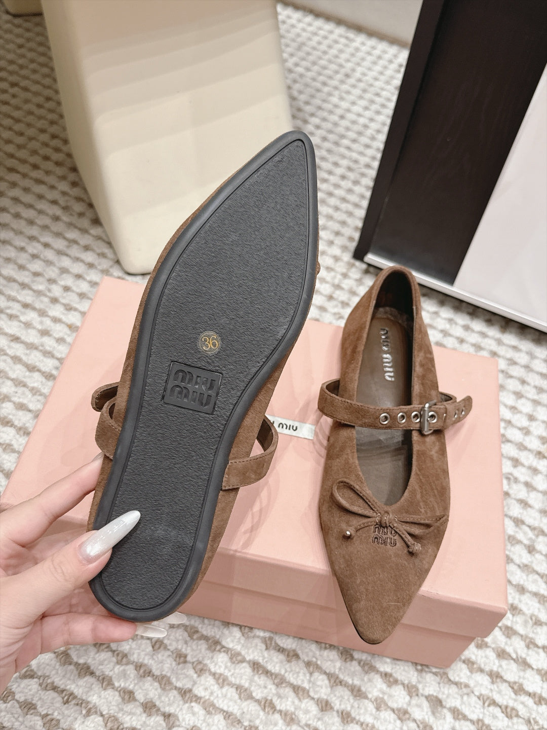MIUMIU 26S MARY JANE BALLET IN DARK BROWN SUEDE WITH BUCKLE STRAP