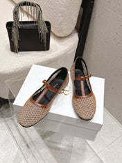 THE ROW 26S MARY JANE FLATS IN LIGHT BROWN CALFSKIN AND MESH