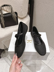 THE ROW 26S MARY JANE FLATS IN BLACK CALFSKIN AND MESH