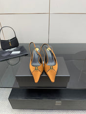 YSL 25S SLINGBACK HIGH HEELS 90 MM IN DARK ORANGE SATIN WITH GOLD HARDWARE STYLE 16