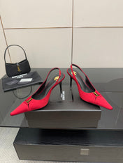 YSL 25S SLINGBACK HIGH HEELS 90 MM IN RED SATIN WITH GOLD HARDWARE STYLE 14