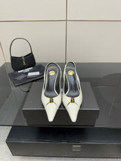 YSL 25S SLINGBACK HIGH HEELS 90 MM IN WHITE LAMBSKIN WITH GOLD HARDWARE STYLE 6