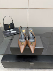 YSL 25S SLINGBACK HIGH HEELS 90 MM IN CHESTNUT BROWN LAMBSKIN WITH GOLD HARDWARE STYLE 1