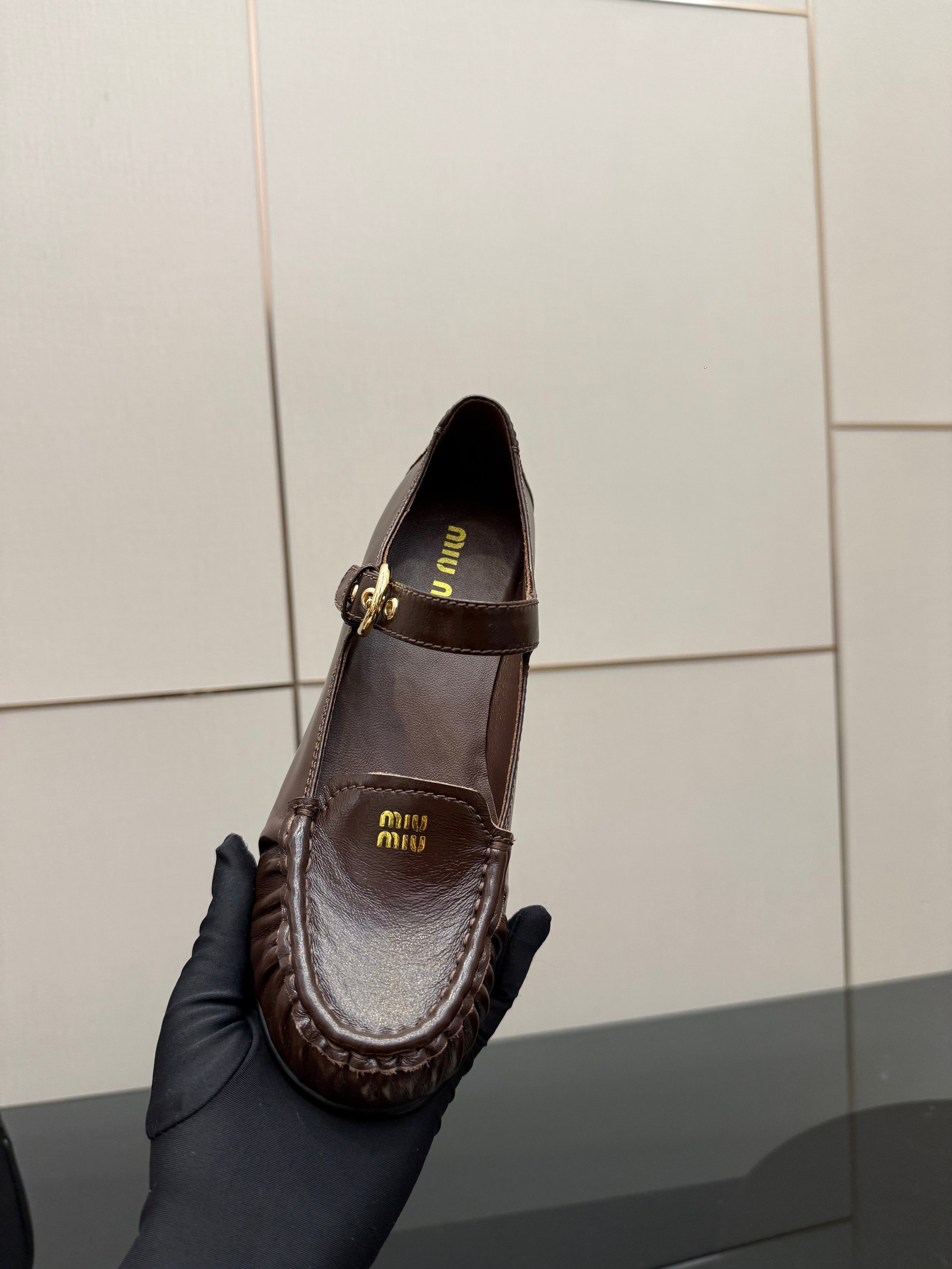 MIUMIU 25S LOAFERS WITH STRAP IN DARK BROWN LAMBSKIN