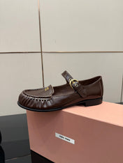 MIUMIU 25S LOAFERS WITH STRAP IN DARK BROWN LAMBSKIN