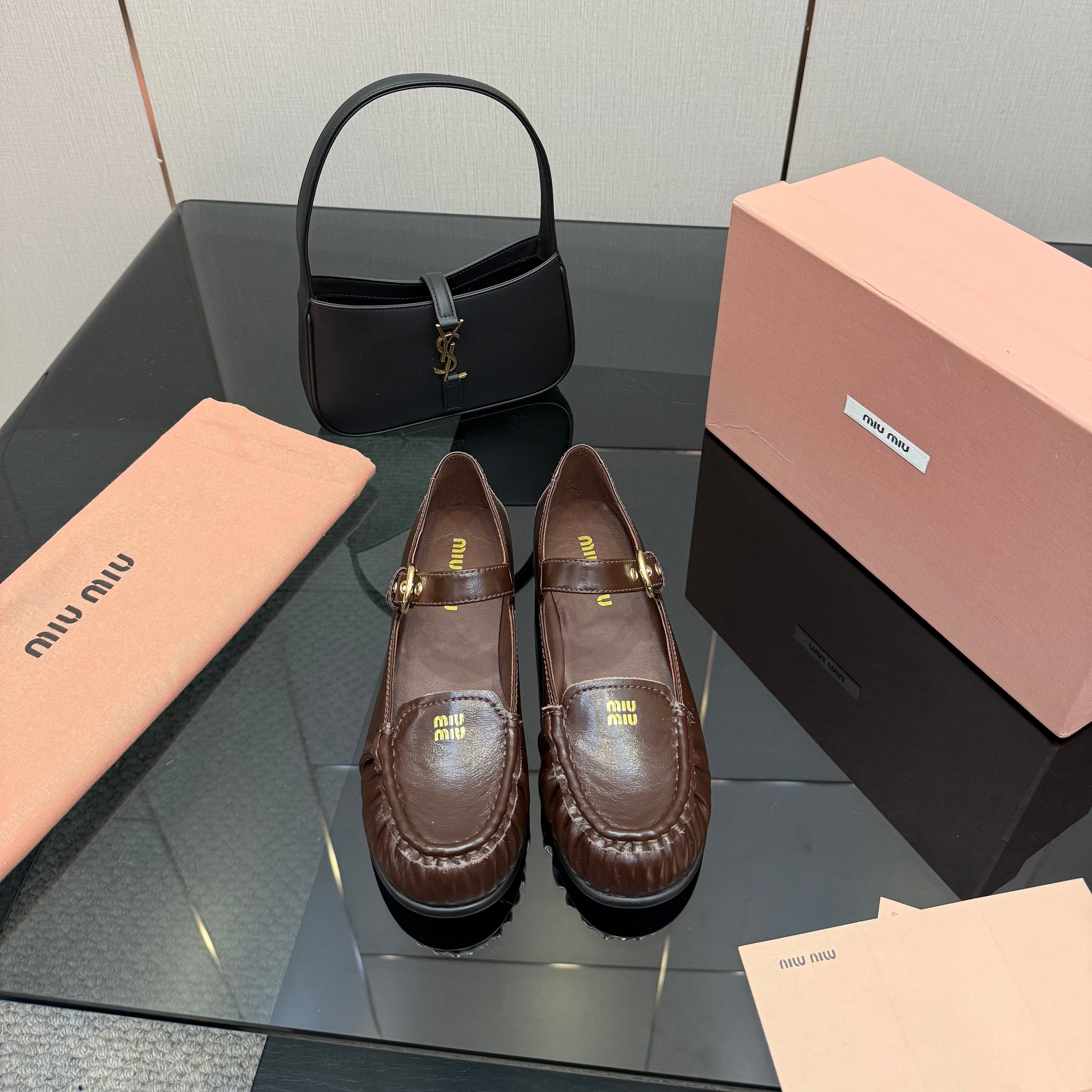 MIUMIU 25S LOAFERS WITH STRAP IN DARK BROWN LAMBSKIN
