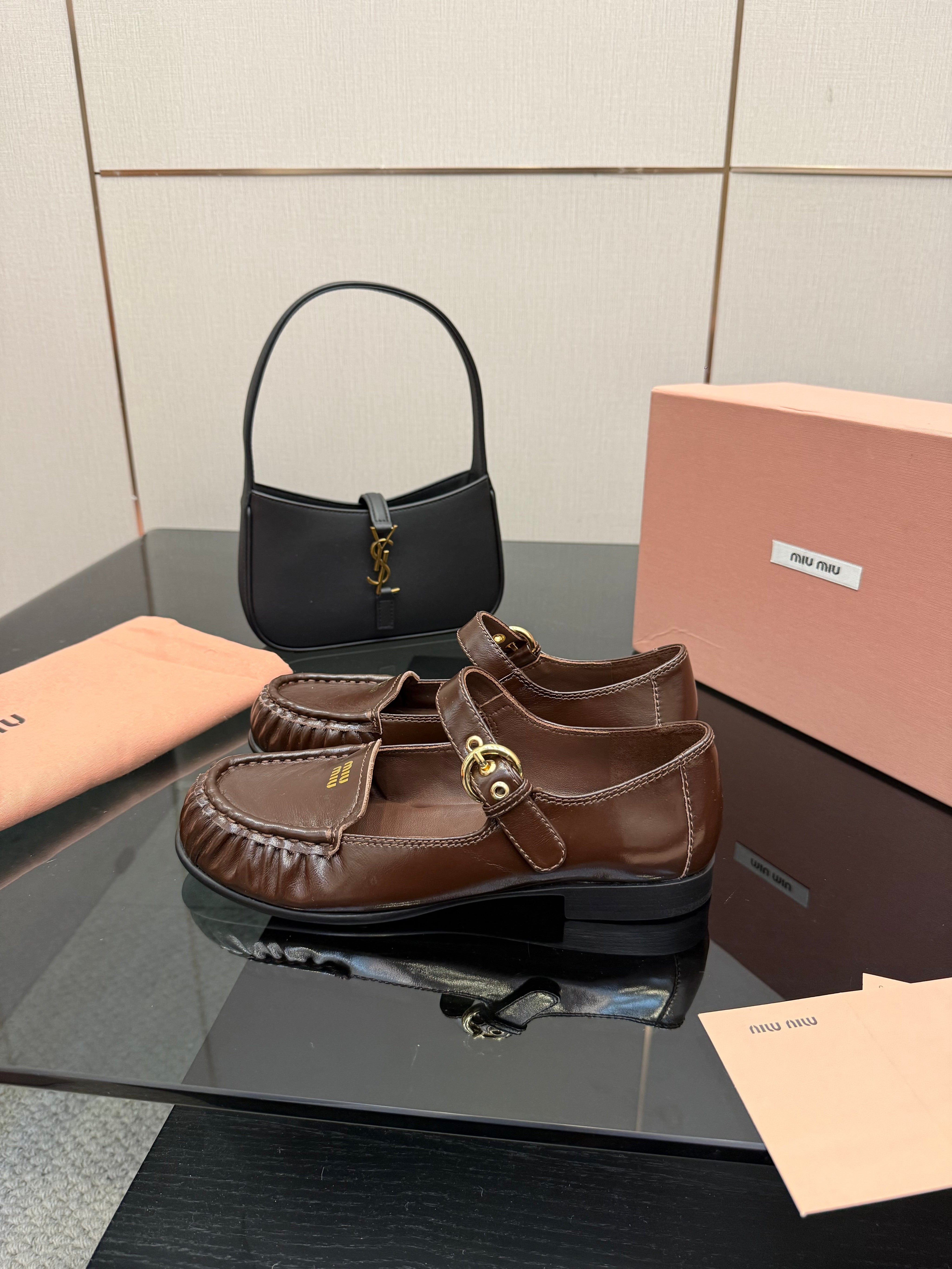 MIUMIU 25S LOAFERS WITH STRAP IN DARK BROWN LAMBSKIN