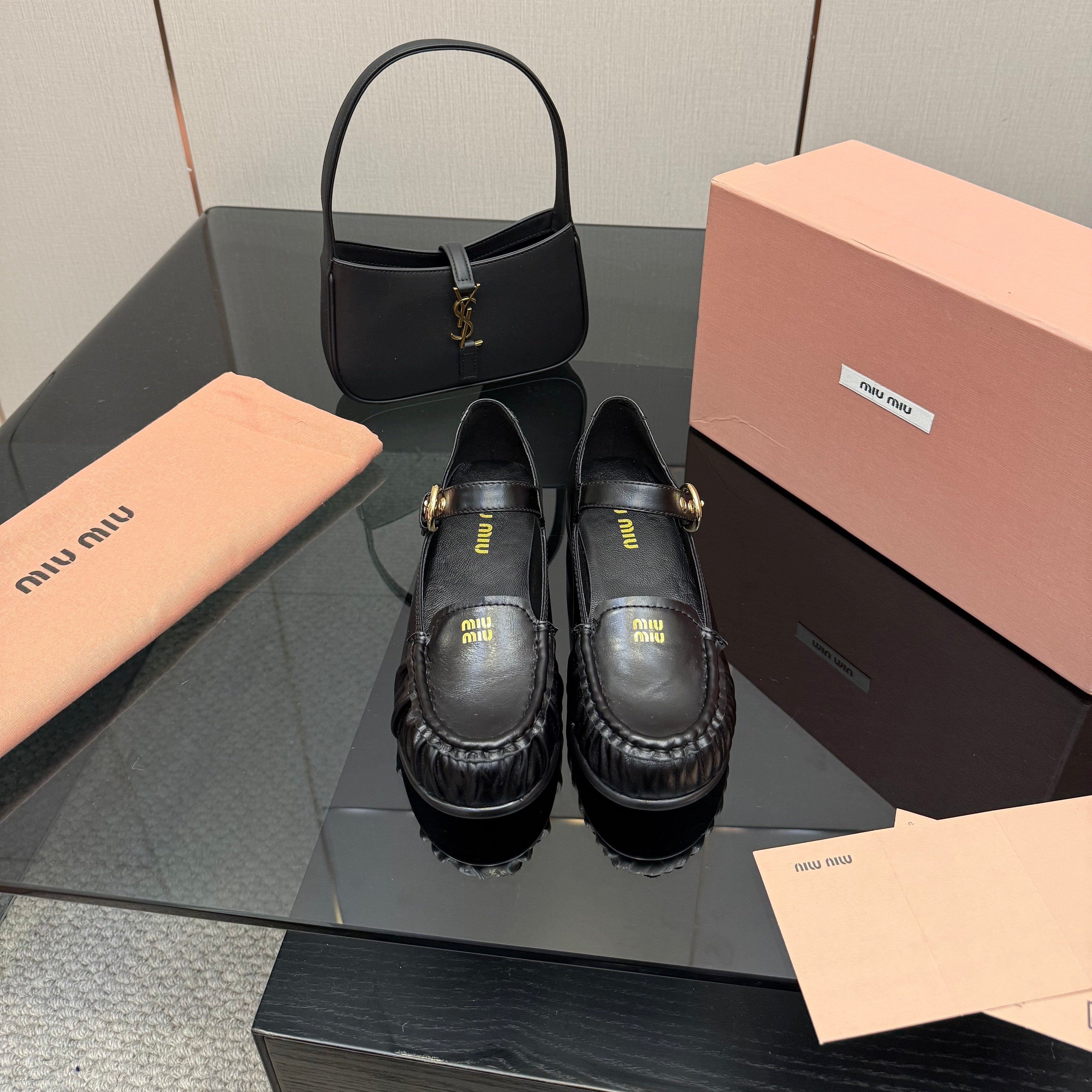 MIUMIU 25S LOAFERS WITH STRAP IN BLACK LAMBSKIN