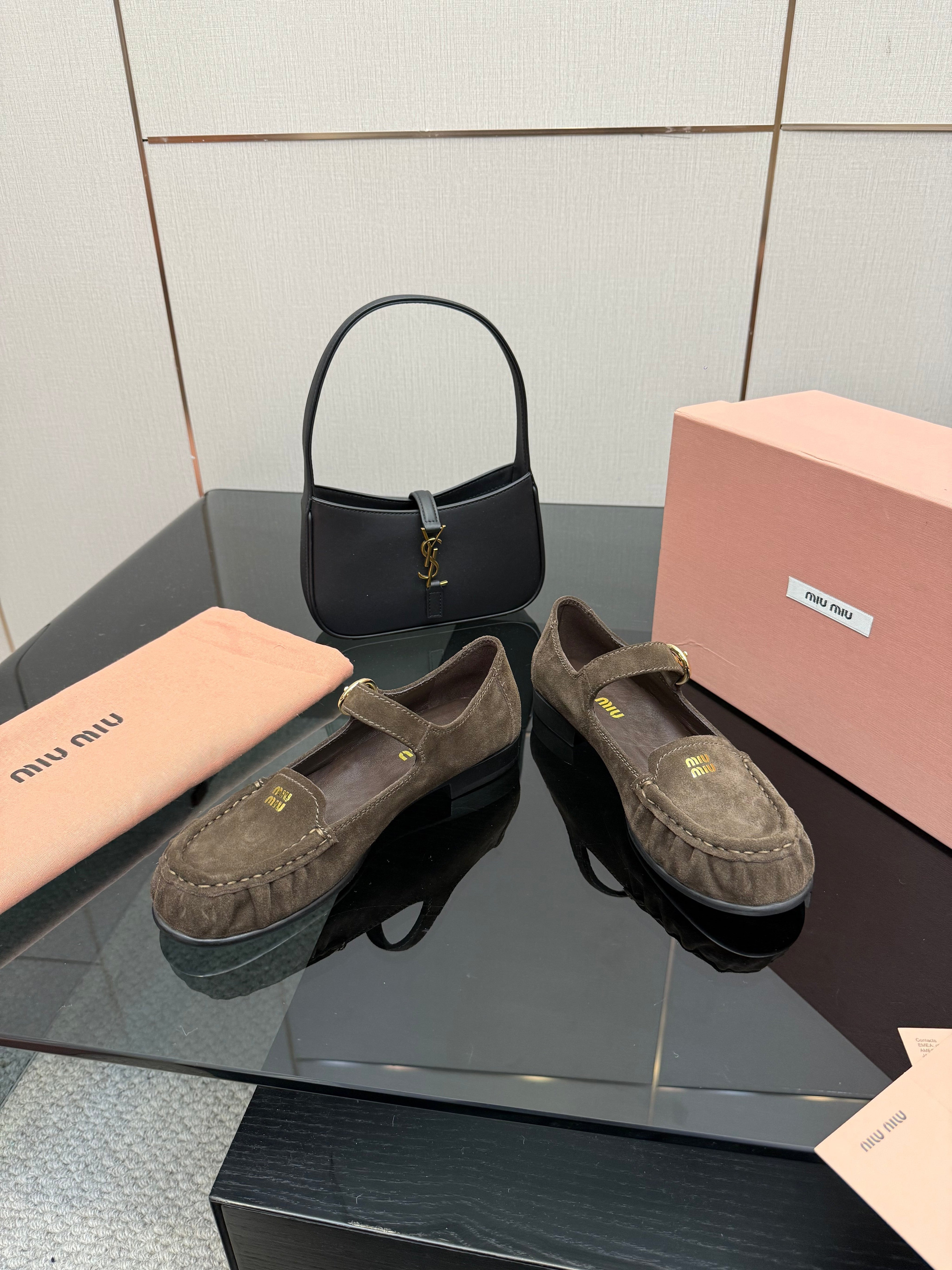 MIUMIU 25S LOAFERS WITH STRAP IN DARK BROWN SUEDE