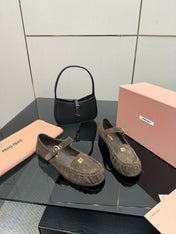 MIUMIU 25S LOAFERS WITH STRAP IN DARK BROWN SUEDE