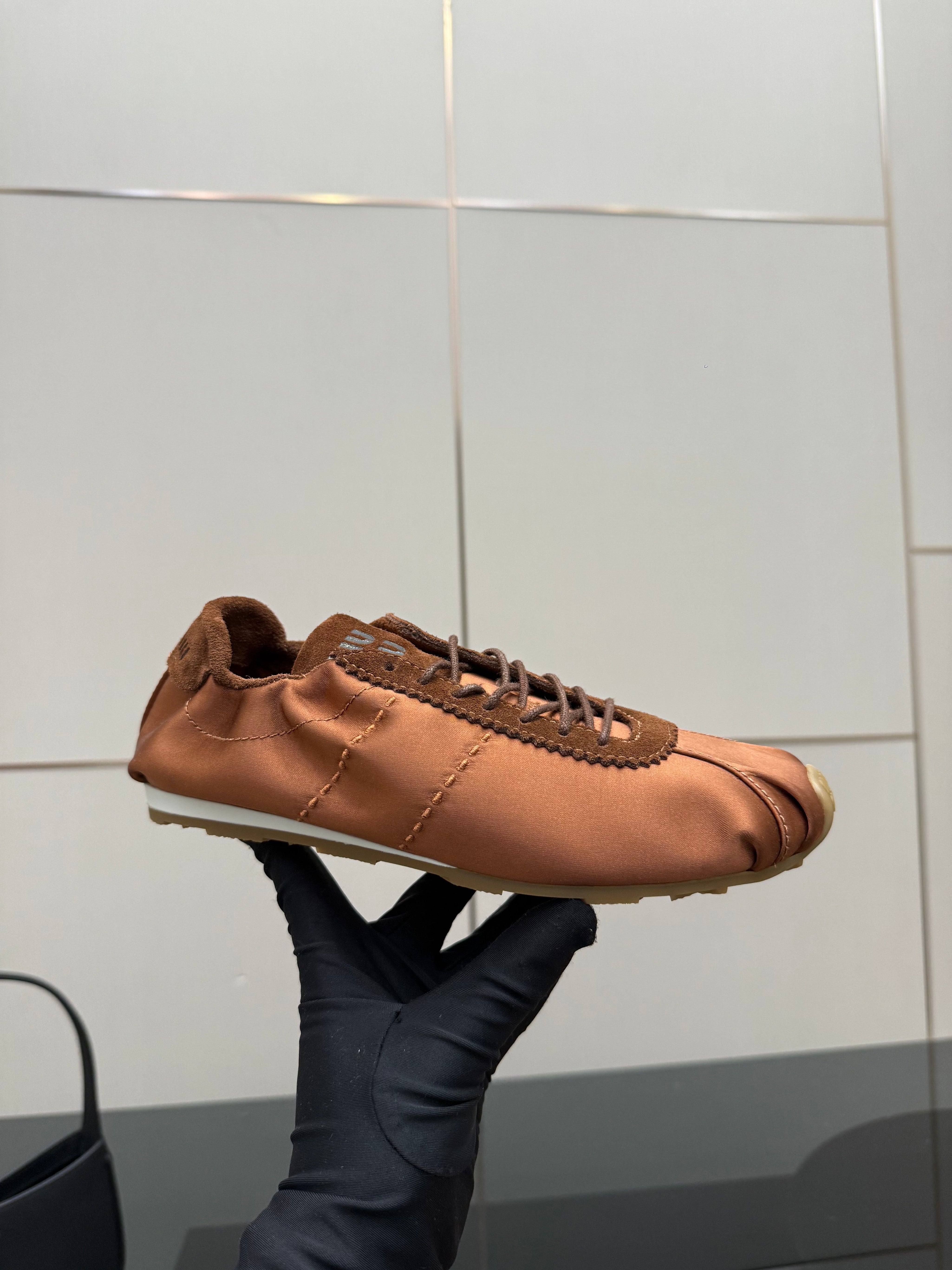 MIUMIU 25S SNEAKERS IN COCOA BROWN PLUME SATIN