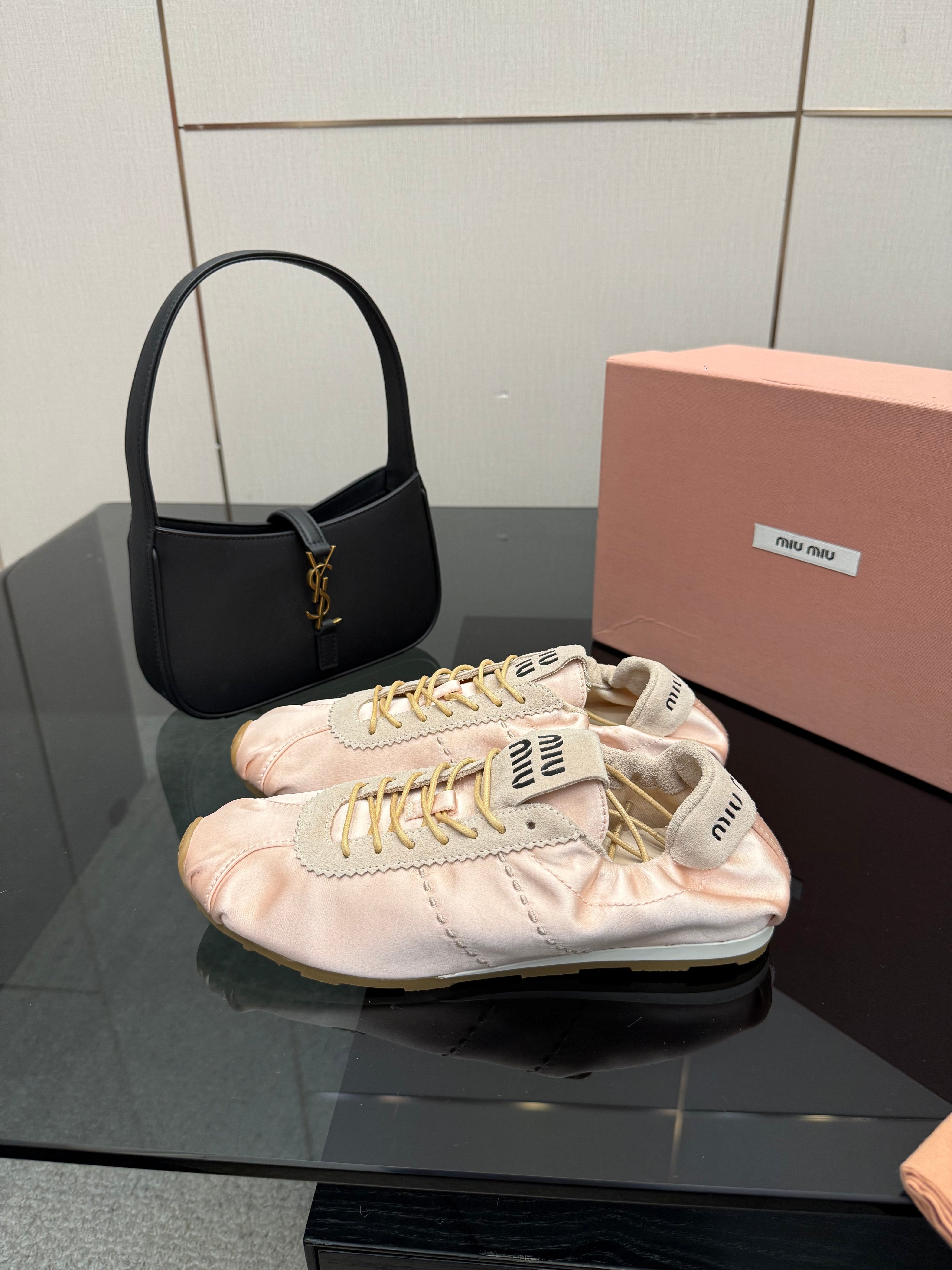 MIUMIU 25S SNEAKERS IN POWDER PINK PLUME SATIN