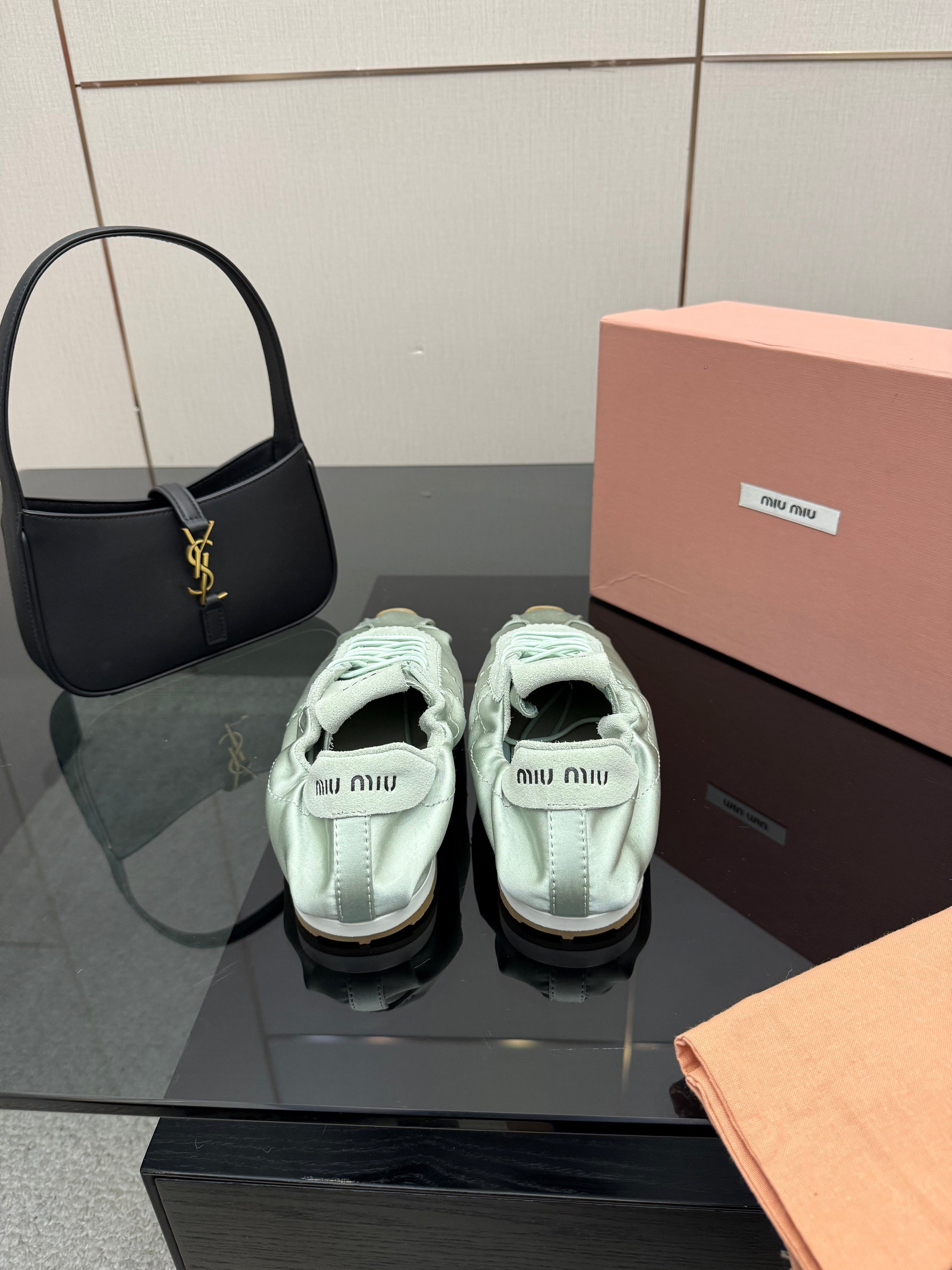 MIUMIU 25S SNEAKERS IN POWDER BLUE PLUME SATIN